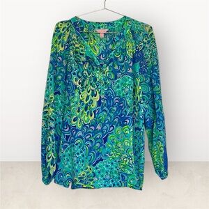 Lilly Pulitzer Women’s Blue and Green Patterned Blouse Size XL